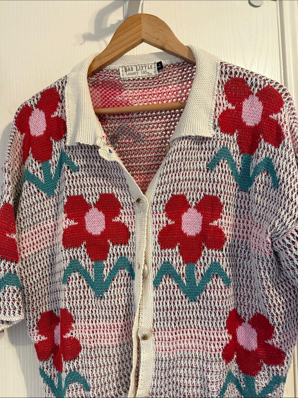 Floral Crochet Cardigan Sweater - Red & Teal on Cream - Picture 2 of 6